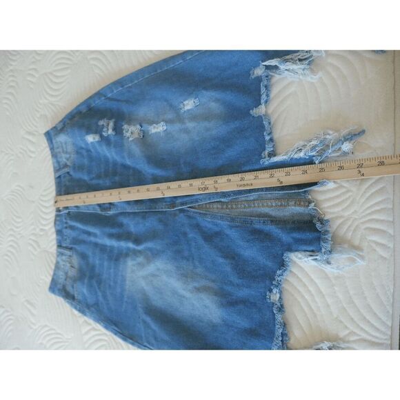 Fam Fam XL Blue Distressed Denim Skirt Front Slit Raw Hem Jean Skirt - Picture 6 of 9